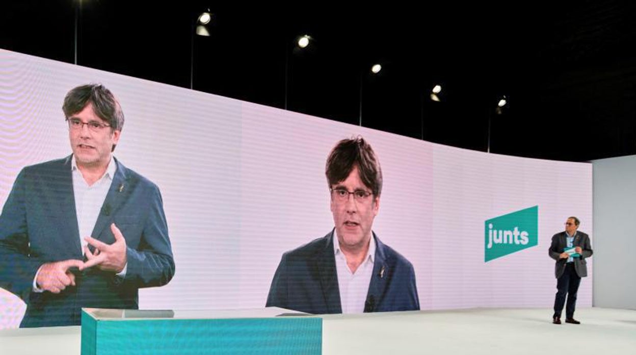 Carles Puigdemont, durante una intervención telemática en un acto de Junts