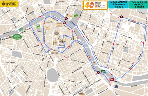 Imagen del mapa con los cortes de tráfico por el medio maratón de Valencia 2020