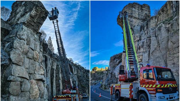 Los bomberos de Toledo retiran varias piedras desprendidas de los restos del acueducto romano