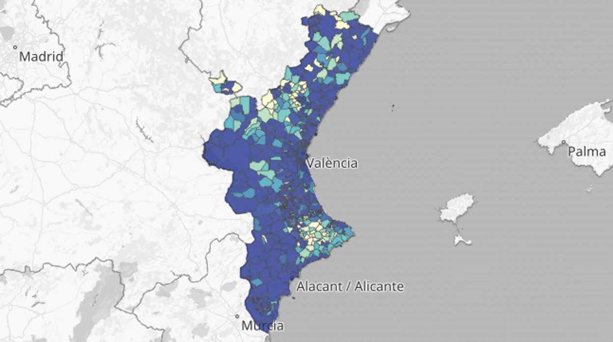 Mapa de la incidencia del coronvirus por municipios de la Comunidad Valenciana según las pruebas PCR y de antígenos