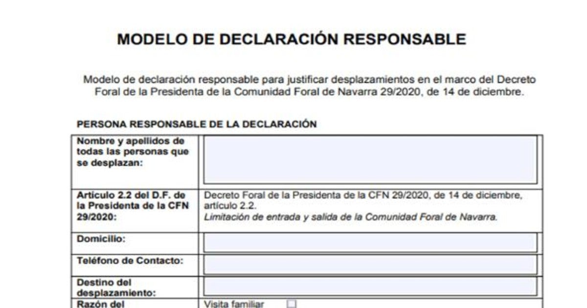 Parte del texto que recoge la declaración responsable para los desplazamientos a y de Navarra