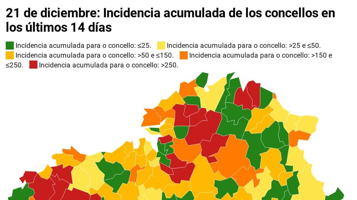 Mapa de incidencia acumulada de cada uno de los concellos gallegos a 14 días