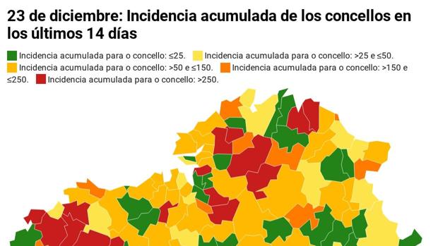 Coronavirus Galicia: así está el mapa de incidencia y el número de casos la víspera de Nochebuena