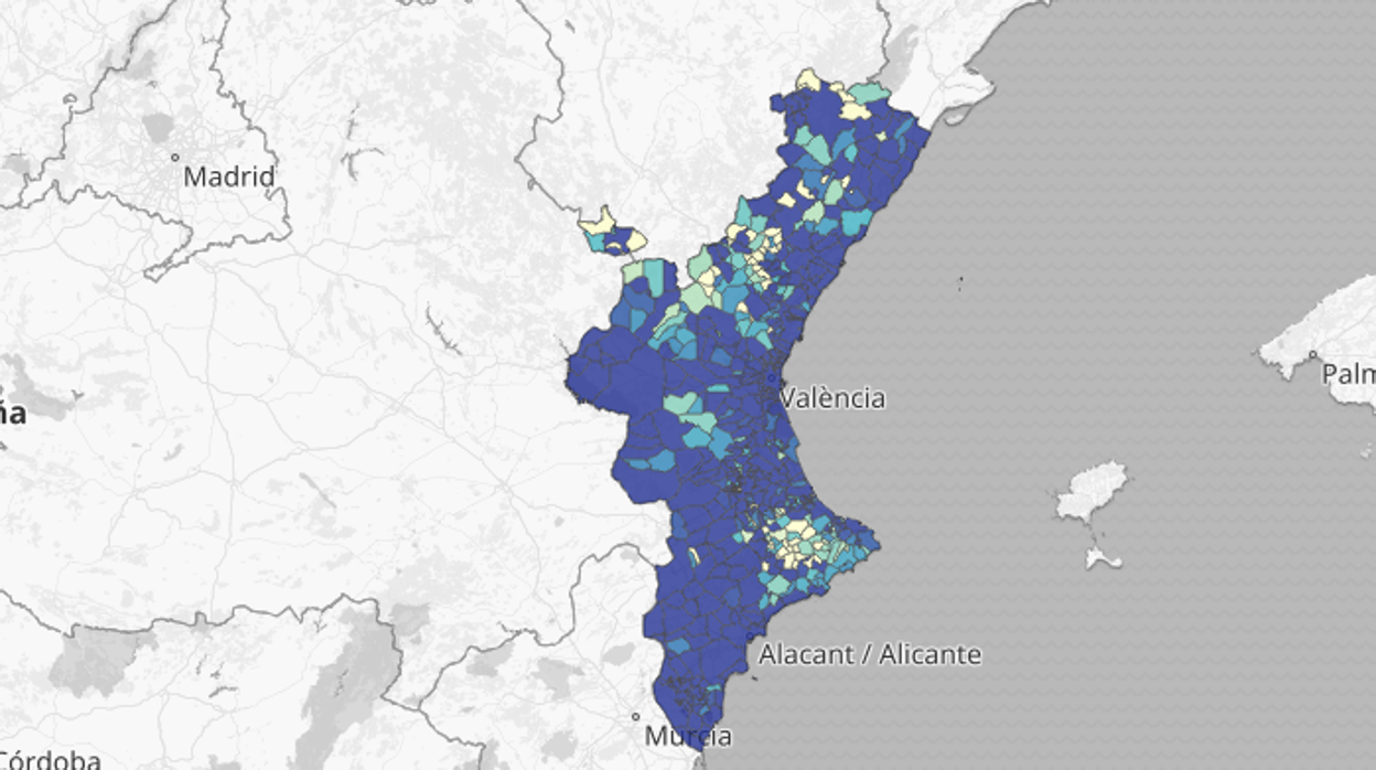 Mapa de la incidencia del coronavirus por municipios en la Comunidad Valenciana según las pruebas PCR y de antígenos