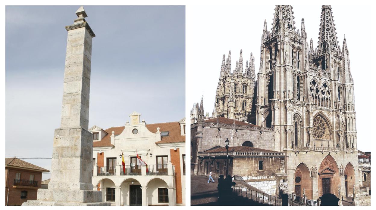 A la izquierda, imagen del monolito que recuerda el ajusticiamiento de los comuneros en Villalar. En la derecha, la Catedral de Burgos
