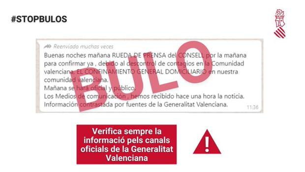 La Generalitat Valenciana desmiente un bulo sobre el confinamiento «inmediato» difundido en las redes sociales