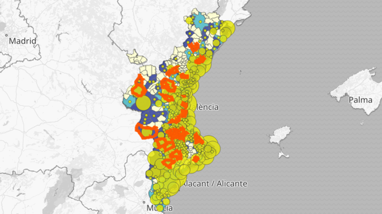 Mapa de la incidencia del coronavirus por municipios en la Comunidad Valenciana en los últimos 14 días según las pruebas PCR y de antígenos