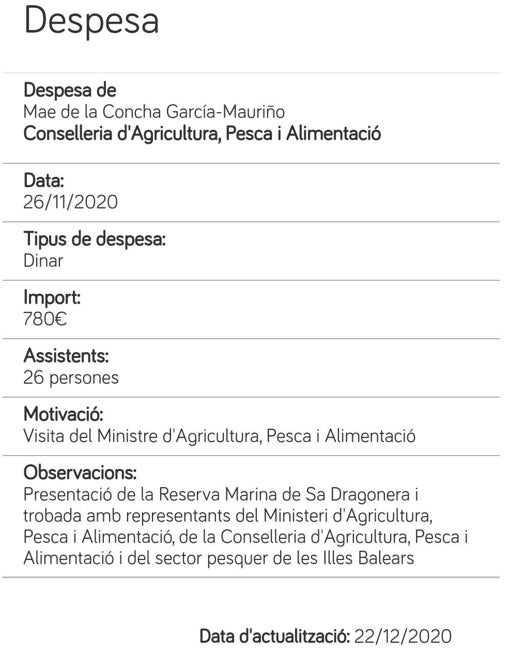 Información oficial del Gobierno balear sobre la comida del 26 de noviembre