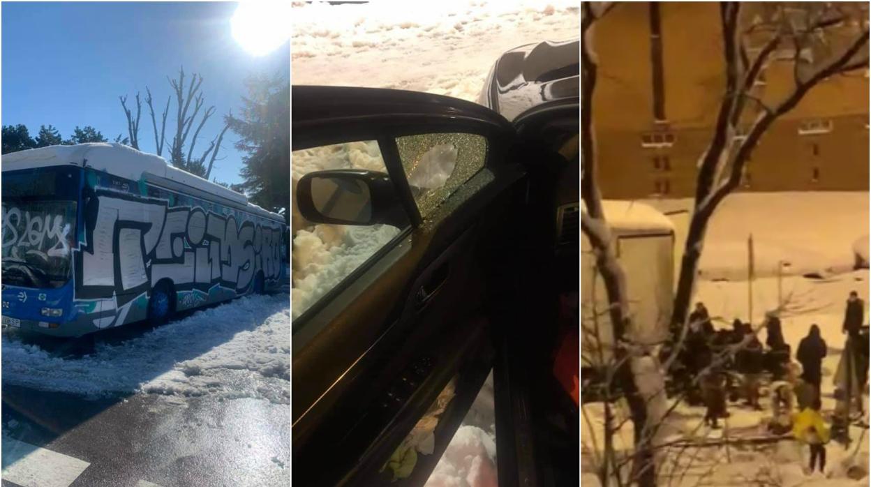 Un autobús vandalizado, un coche con la ventanilla rota y el saqueo de un camión atrapado en la nieve