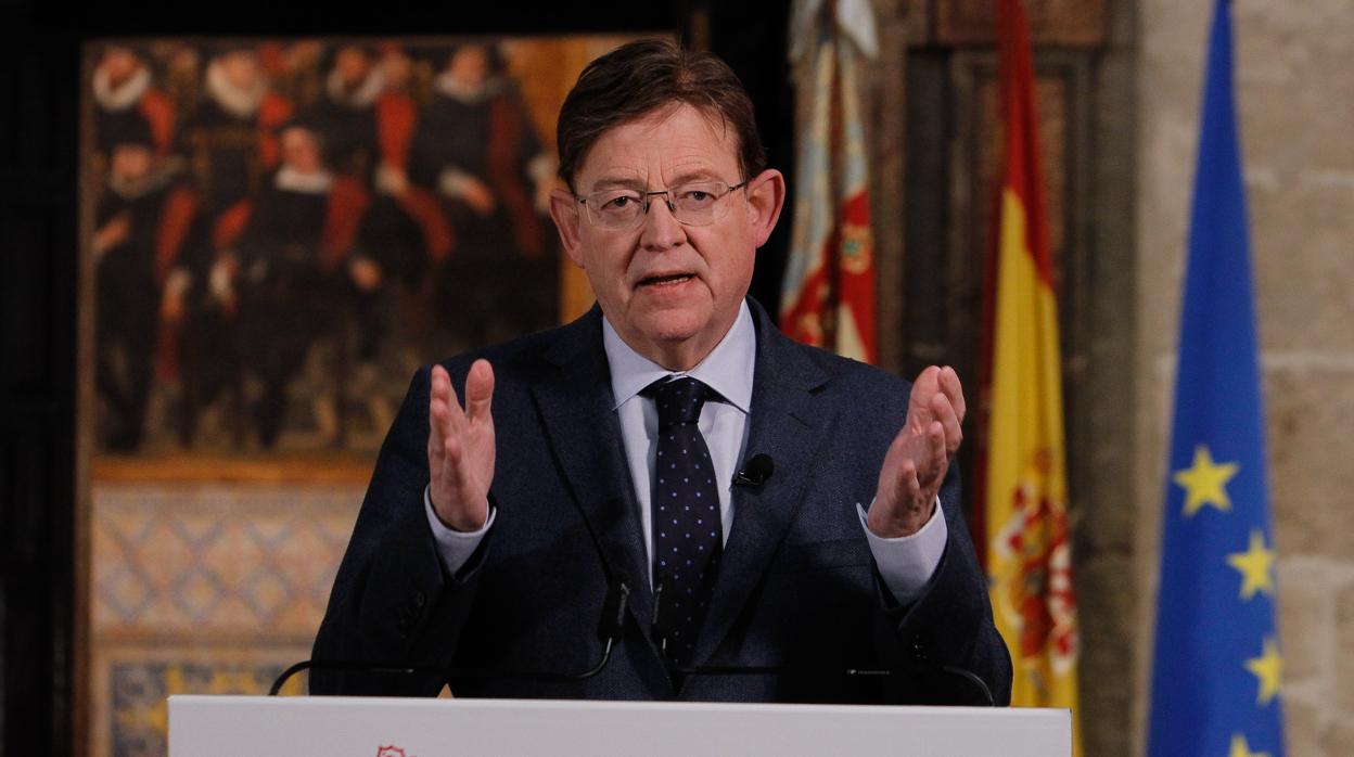 Imagen del presidente de la Generalitat, Ximo Puig, durante el mensaje institucional ofrecido este domingo