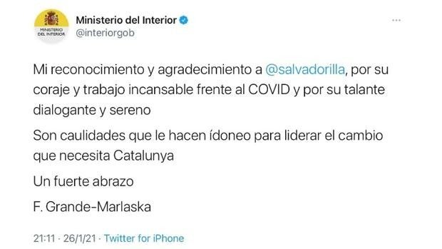 Interior, obligado a borrar un tuit por hacer campaña a favor de Salvador Illa