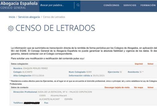 Censo de letrados en el que figura la dirección del Palacio Provincial de la Diputación de Alicante como dirección del abogado Ximo Perles