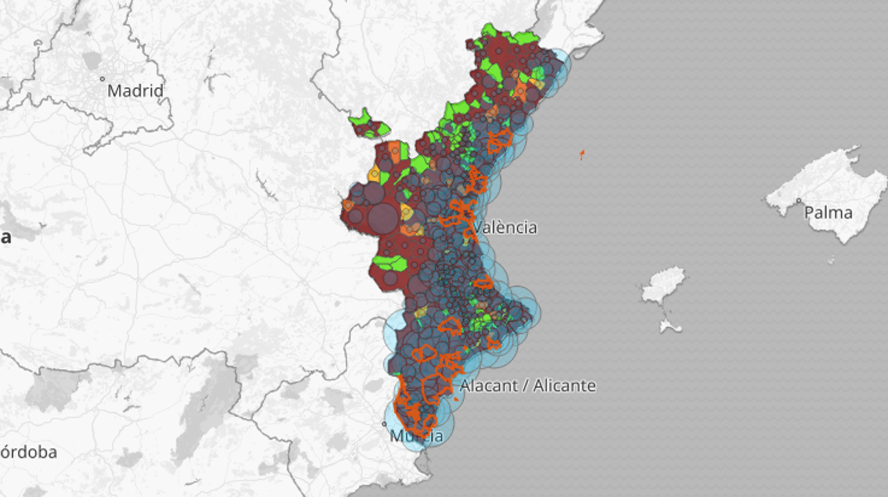 Mapa de la incidencia del coronavirus por municipios en la Comunidad Valenciana en los últimos 14 días, según las pruebas PCR y test de antígenos