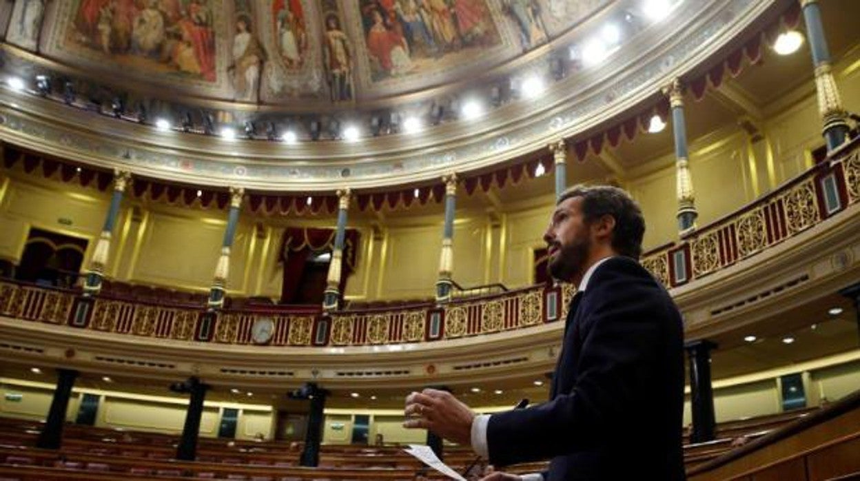 El presidente del PP, Pablo Casado, en el Congreso de los Diputados