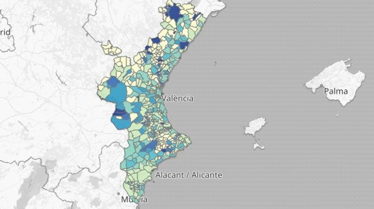 Mapa de la incidencia de la mortalidad por el coronavirus según municipios en la Comunidad Valenciana