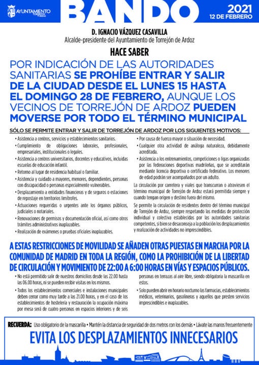 Bando municipal sobre las restricciones del confinamiento en Torrejón de Ardoz