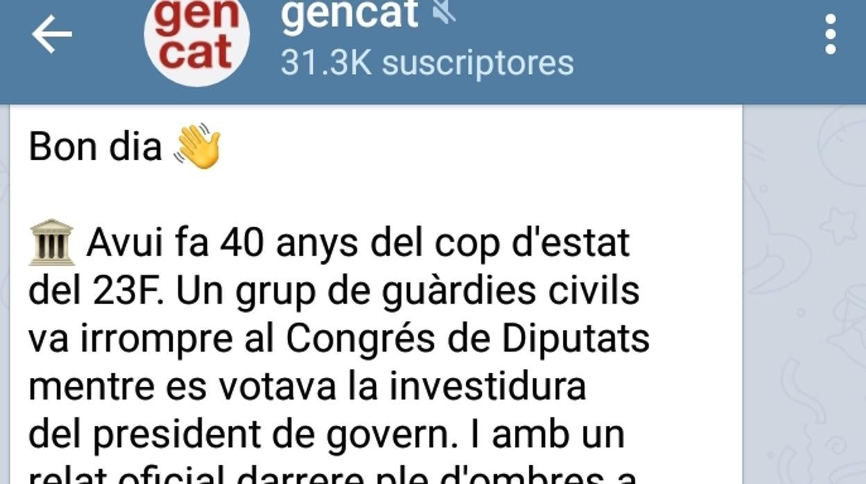 La Generalitat alienta los bulos sobre el «instigador» de 23-F en su perfil oficial de Telegram