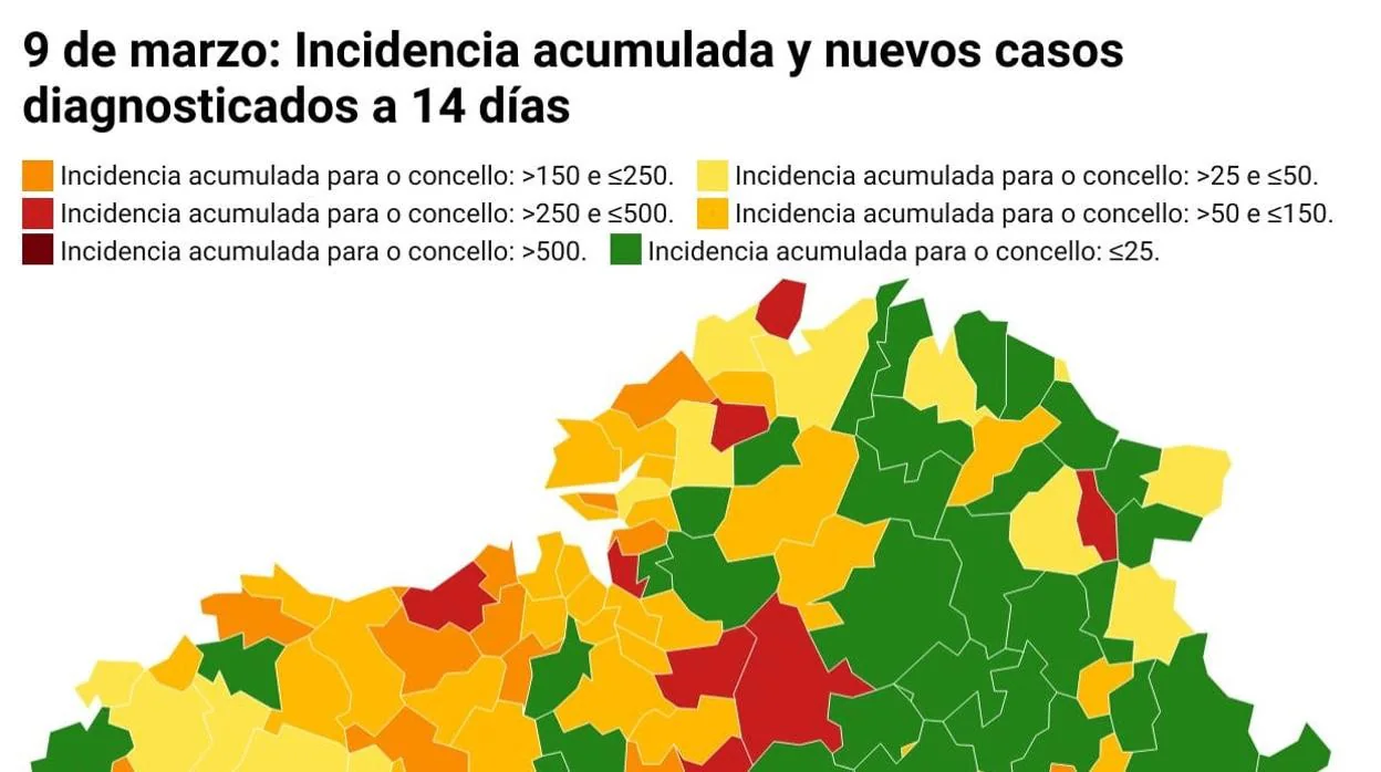 Mapa con la incidencia acumulada y el número de casos de cada concello eb Galicia