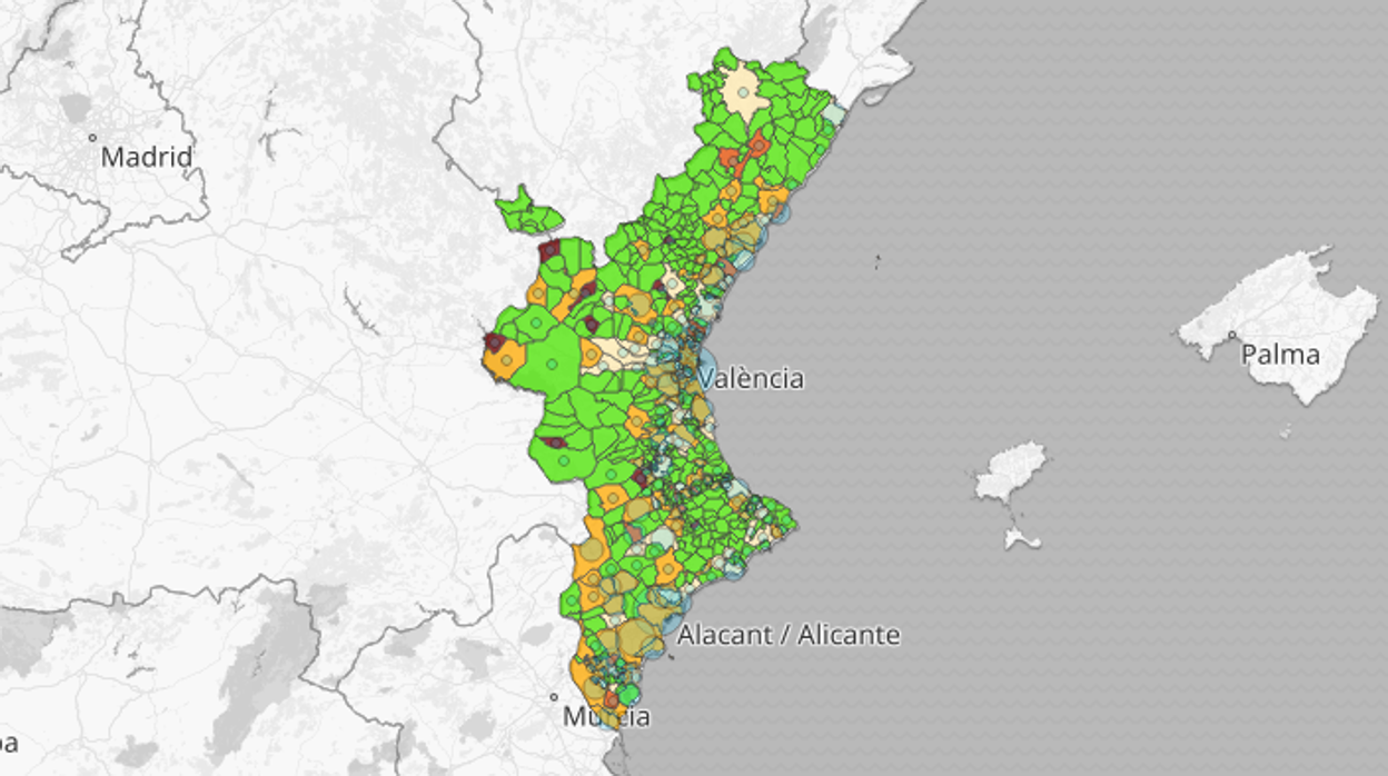 Mapa de la incidencia del coronavirus por municipios en la Comunidad Valenciana en los últimos 14 días según las pruebas PCR y los test de antígenos