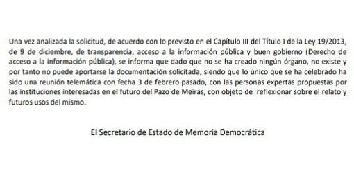 Fragmento en el que el secretario de Estado de Memoria Democrática señala que el comité de expertos para el Pazo de Meirás no se ha creado como órgano