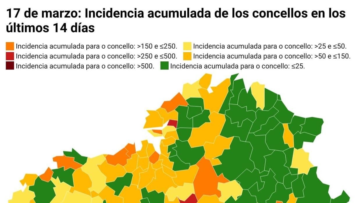 Mapa gallego de incidencia acumulada y número de casos de cada concello