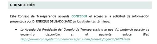 Resolución con la que el Consejo de Transparencia remite al reclamante a un enlace genérico en lugar de facilitar un documento con la agenda de su presidente