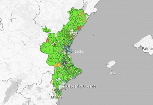 Imagen del mapa de la incidencia acumulada del coronavirus en los últimos catorce días