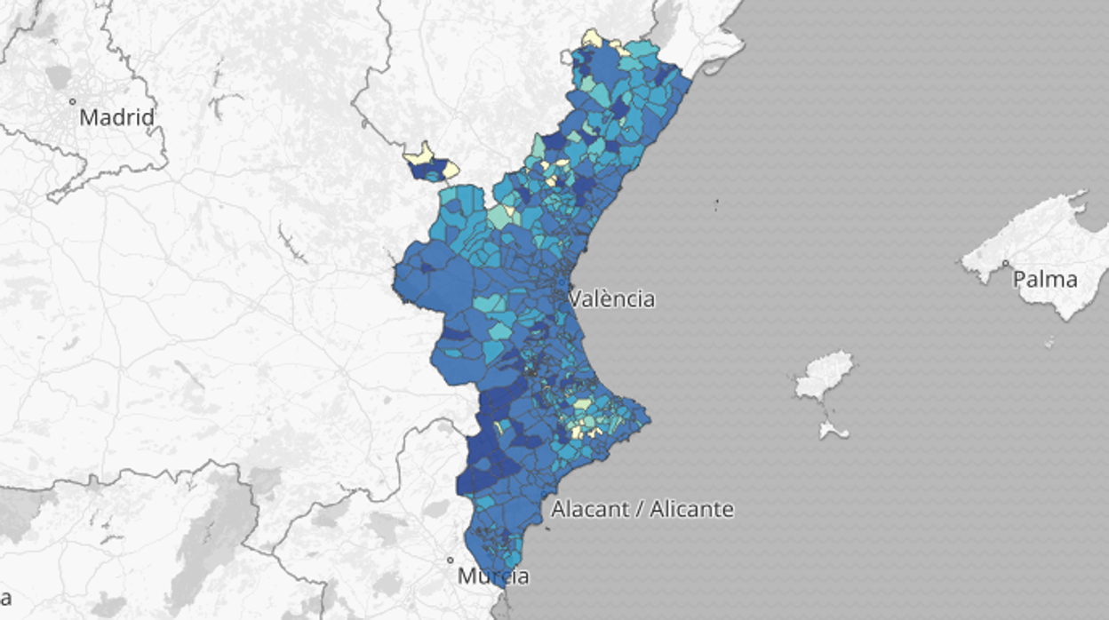 Mapa de la incidencia del coronavirus por municipios en la Comunidad Valenciana según las pruebas PCR y los test de antígenos