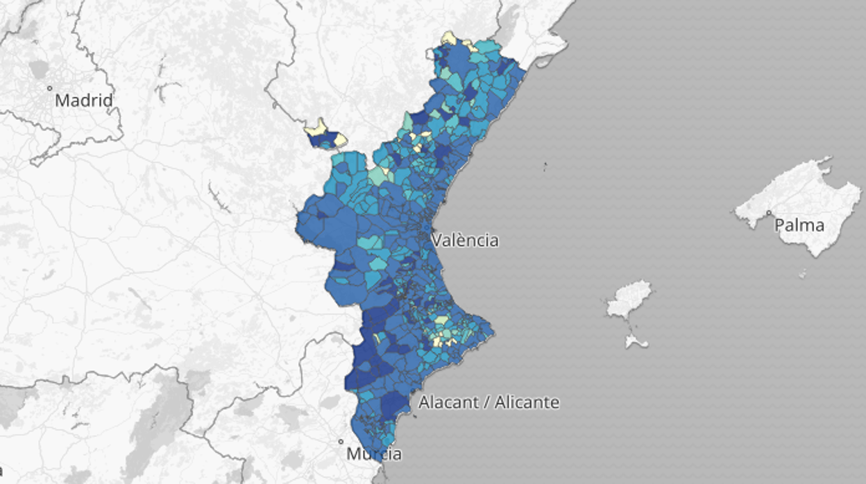 Mapa de la incidencia del coronavirus por municipios en la Comunidad Valenciana según las pruebas PCR y los test de antígenos