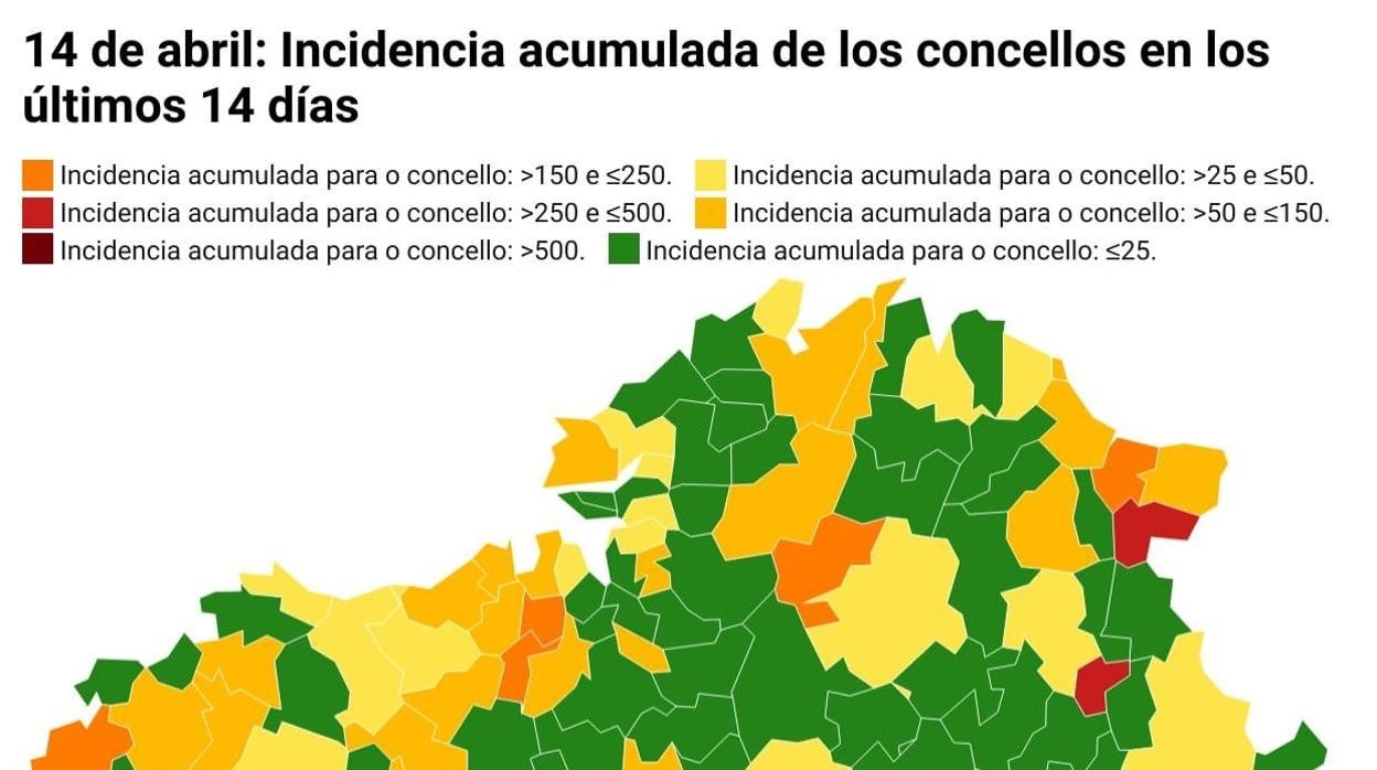 Mapa de incidencia acumulada y número de casos de cada concello a siete y a 14 días