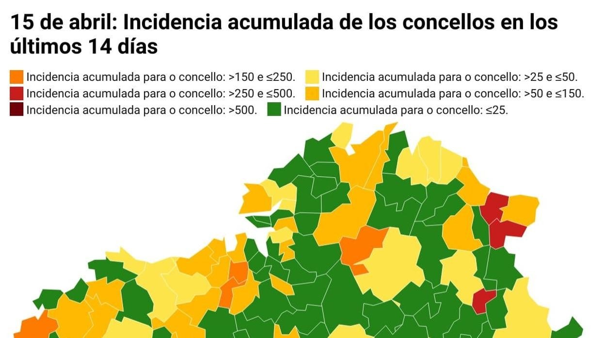 Mapa de incidencia acumulada de Galicia por municipios