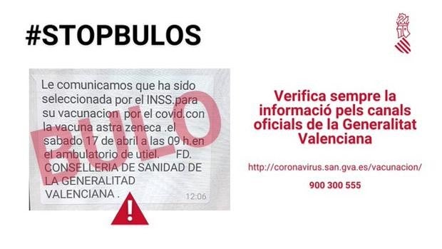 La Generalitat alerta de un bulo sobre la citación para recibir la vacuna del coronavirus en Valencia