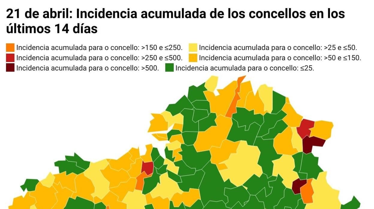 Mapa de incidencia de Galicia en los últimos 14 días