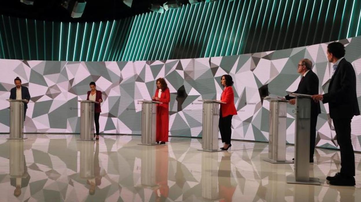 Los seis candidatos durante el debate de Telemadrid, el miércoles pasado
