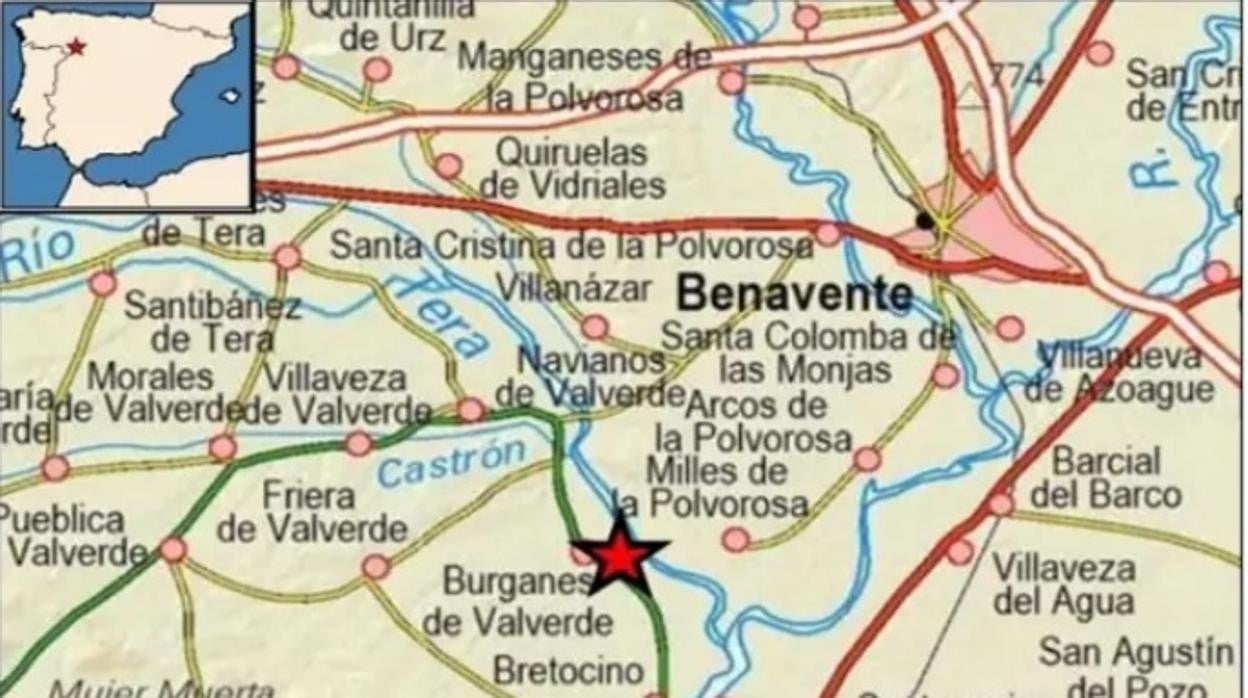 Epicentro del terremoto de 2,8 grados registado en Burganes de Valverde, en Zamora.