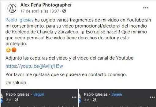 Iglesias es acusado de robar imágenes a un fotógrafo para usarlas en su campaña electoral