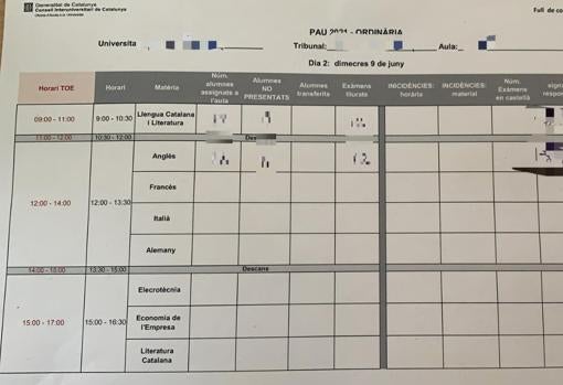 Hoja de la Selectividad de 2021 en la que se anota como incidencia la petición de castellano