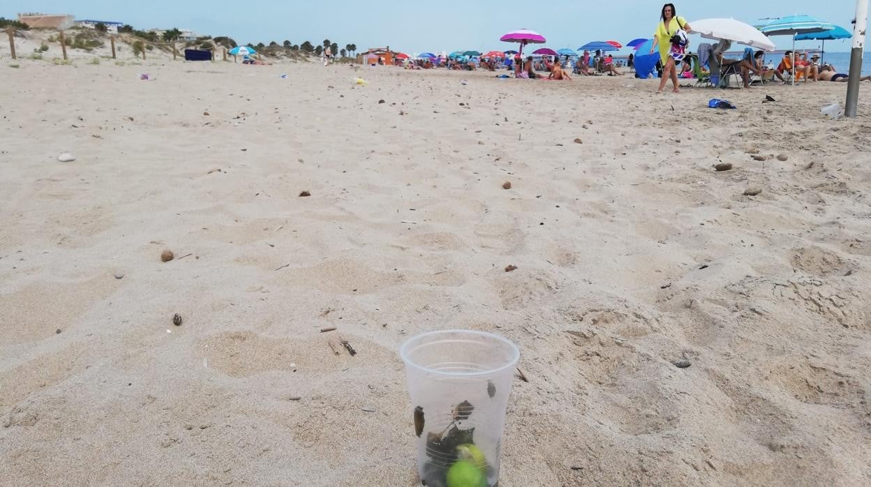 Imagen de los restos de botellón en la playa de Daimús