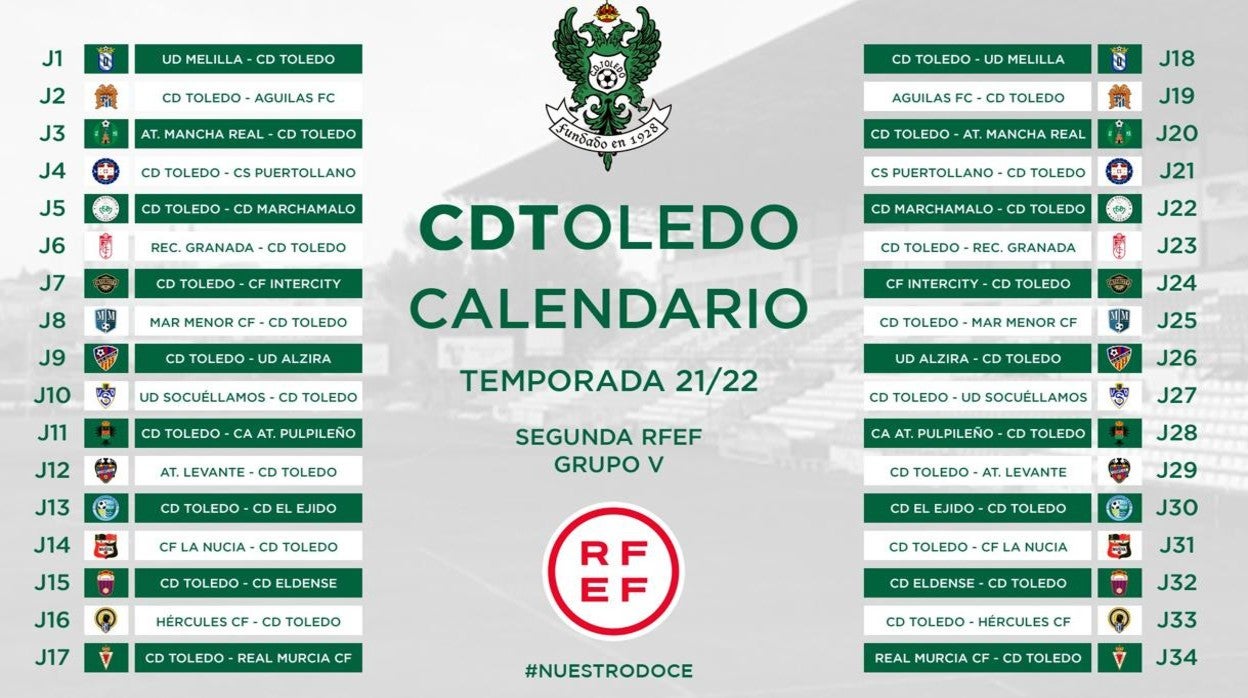 Este es el calendario del CD Toledo, que jugará contra dos históricos como Hércules y Real Murcia en las dos últimas jornadas