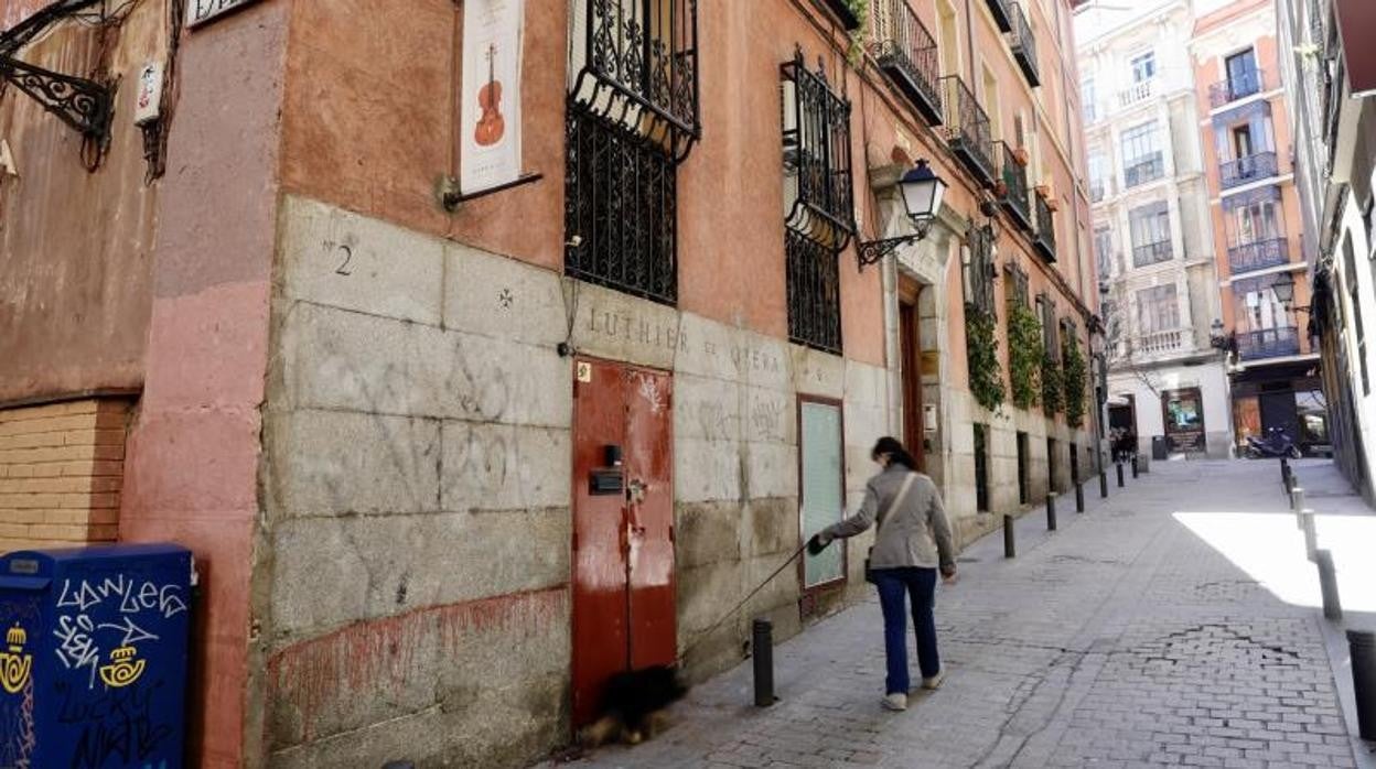 Una mujer pasea a su perro en una zona del centro plagada de pisos turísticos