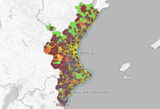 Imagen del mapa de los contagios de coronavirus en los últimos catorce días