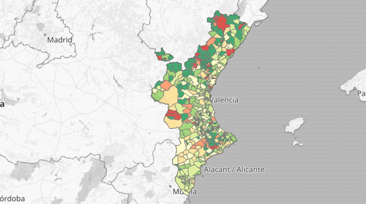 Mapa de la incidencia de la mortalidad por coronavirus por municipios en la Comunidad Valenciana desde el principio de la pandemia