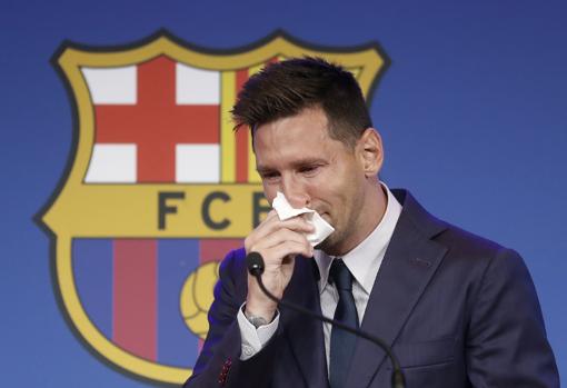 Imagen de Leo Messi en la rueda de prensa de despedida del FC Barcelona