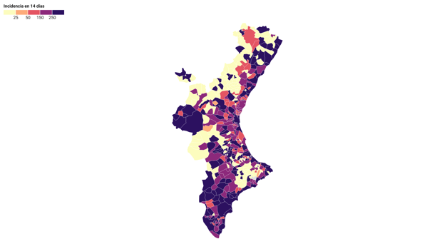 Mapa de los nuevos casos de coronavirus por municipios en Valencia, Alicante y Castellón