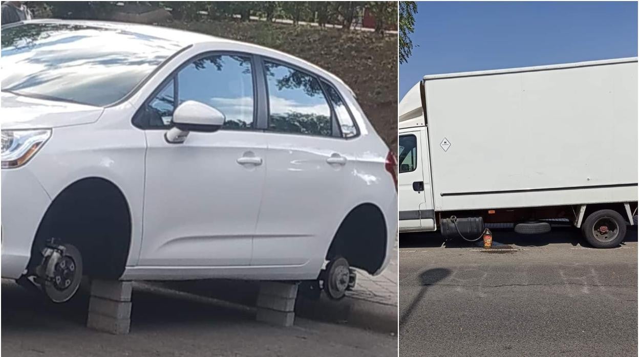 Un coche con las ruedas sustraídas; a la derecha, robo de gasoil a un camión