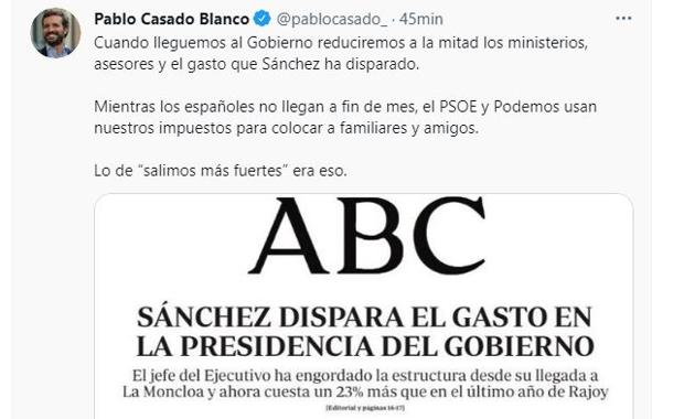 Casado critica el «gasto que Sánchez ha disparado» en Presidencia y se compromete a reducirlo a la mitad