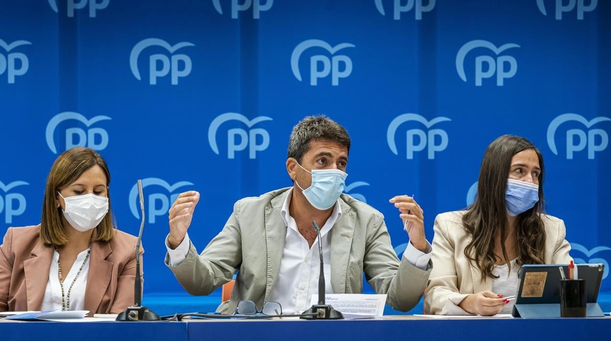 Imagen del presidente del PPCV, Carlos Mazón, durante la reunión con diputados y senadores valencianos