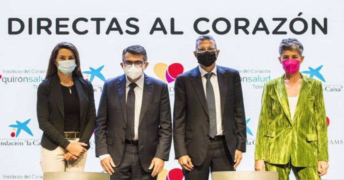 La directora médica de Teknon Mónica Isart, el director corporativo de Investigación y Salud de la Fundación "la Caixa" Ángel Fuente, el fundador de CardioDreams y jefe de Cirugía Cardiovascular del Instituto del Corazón Quirónsalud Teknon Xavier Ruyra y la embajadora y artista Nina en la presentación del proyecto