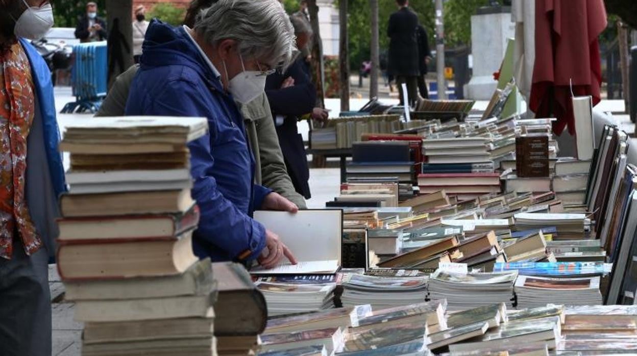 Un lector revisa un ejemplar en los puestos de la Cuesta de Moyano, entre el paseo del Prado y El Retiro