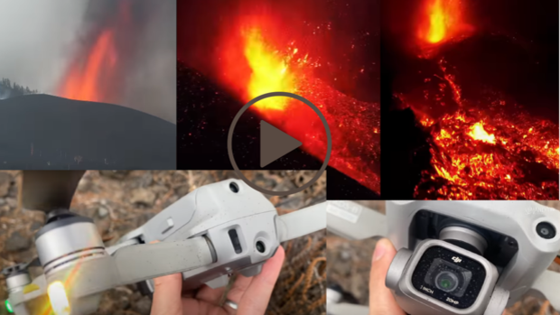 Un dron, a punto de se engullido por la lava, graba impactantes sonidos y explosiones a pocos metros del volcán